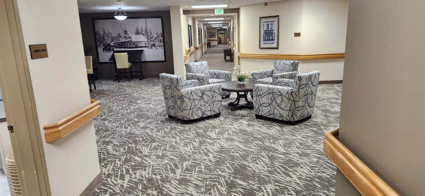 Patterned carpet in a furnished shared interior