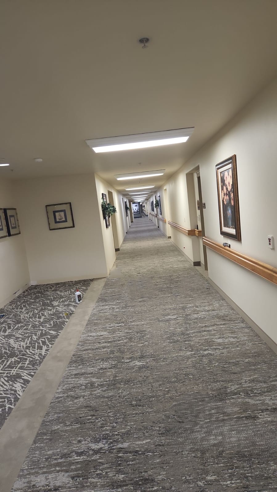 Carpet installed along a building hallway
