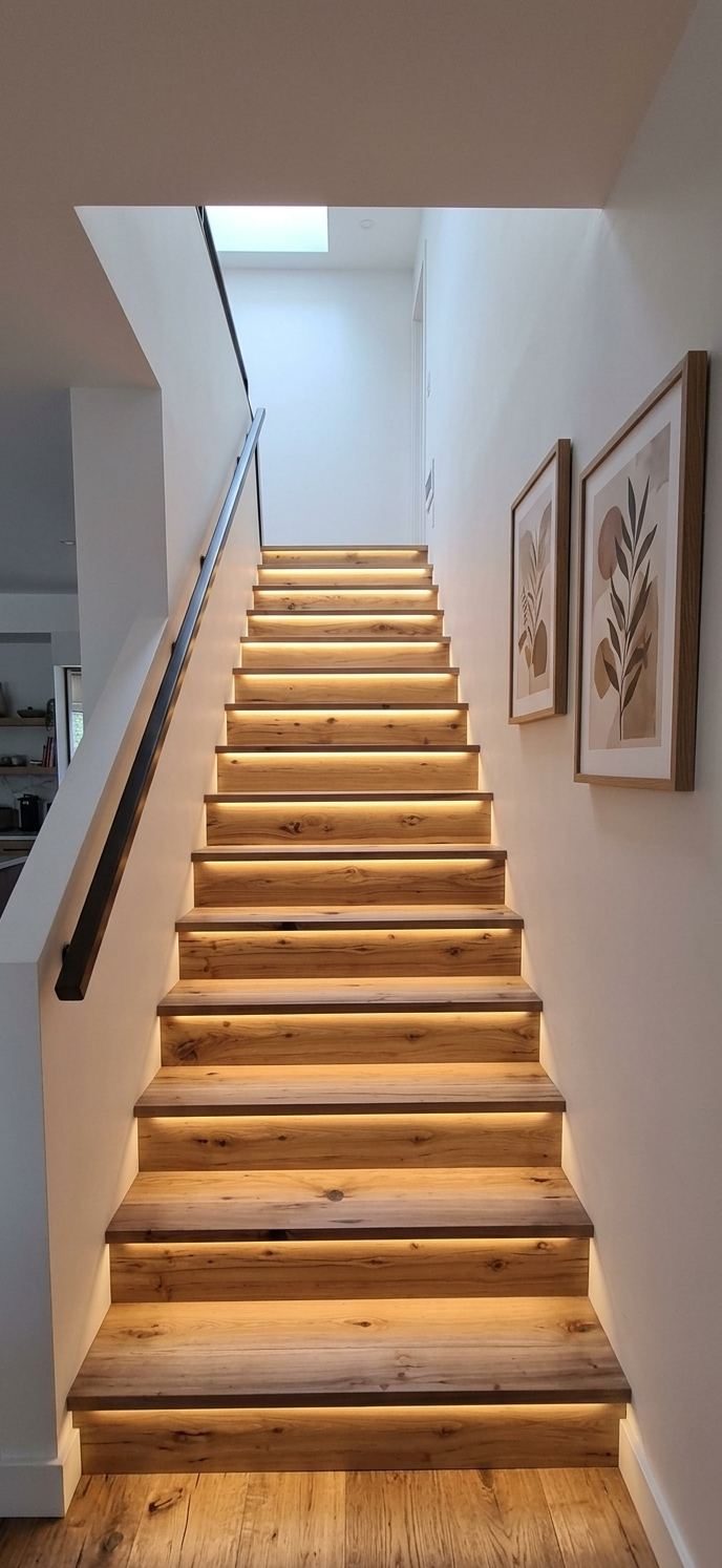 Wood stair treads leading to an upper floor