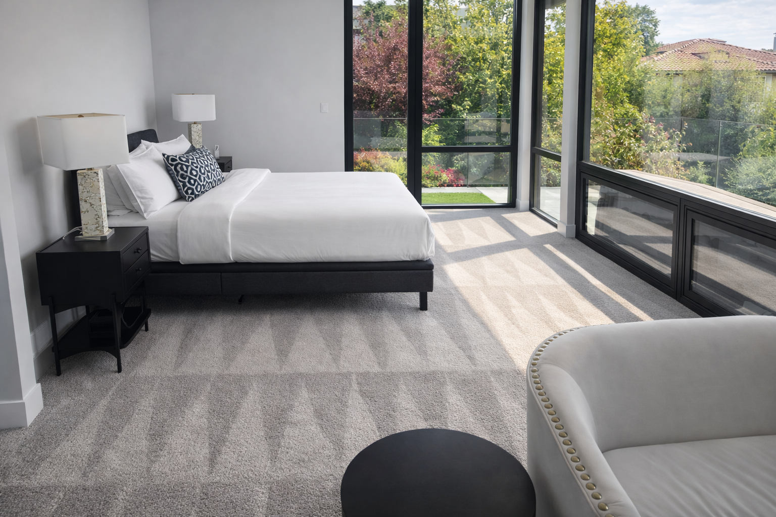 Carpet flooring in a furnished bedroom
