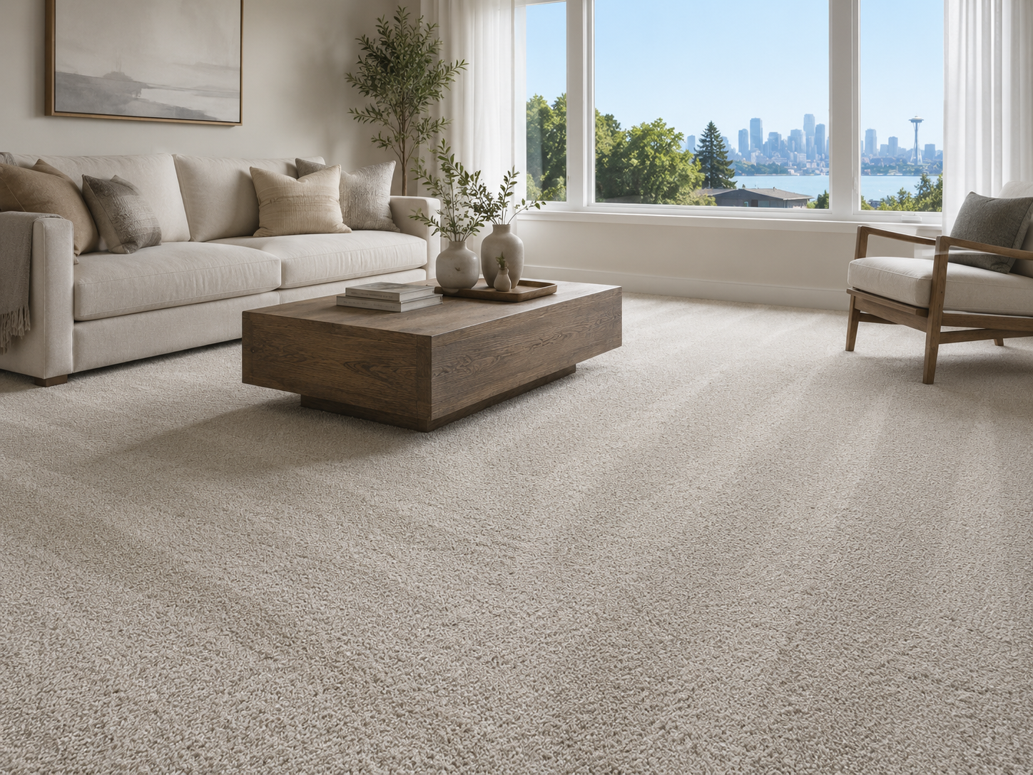 Carpet flooring in a furnished Seattle living room