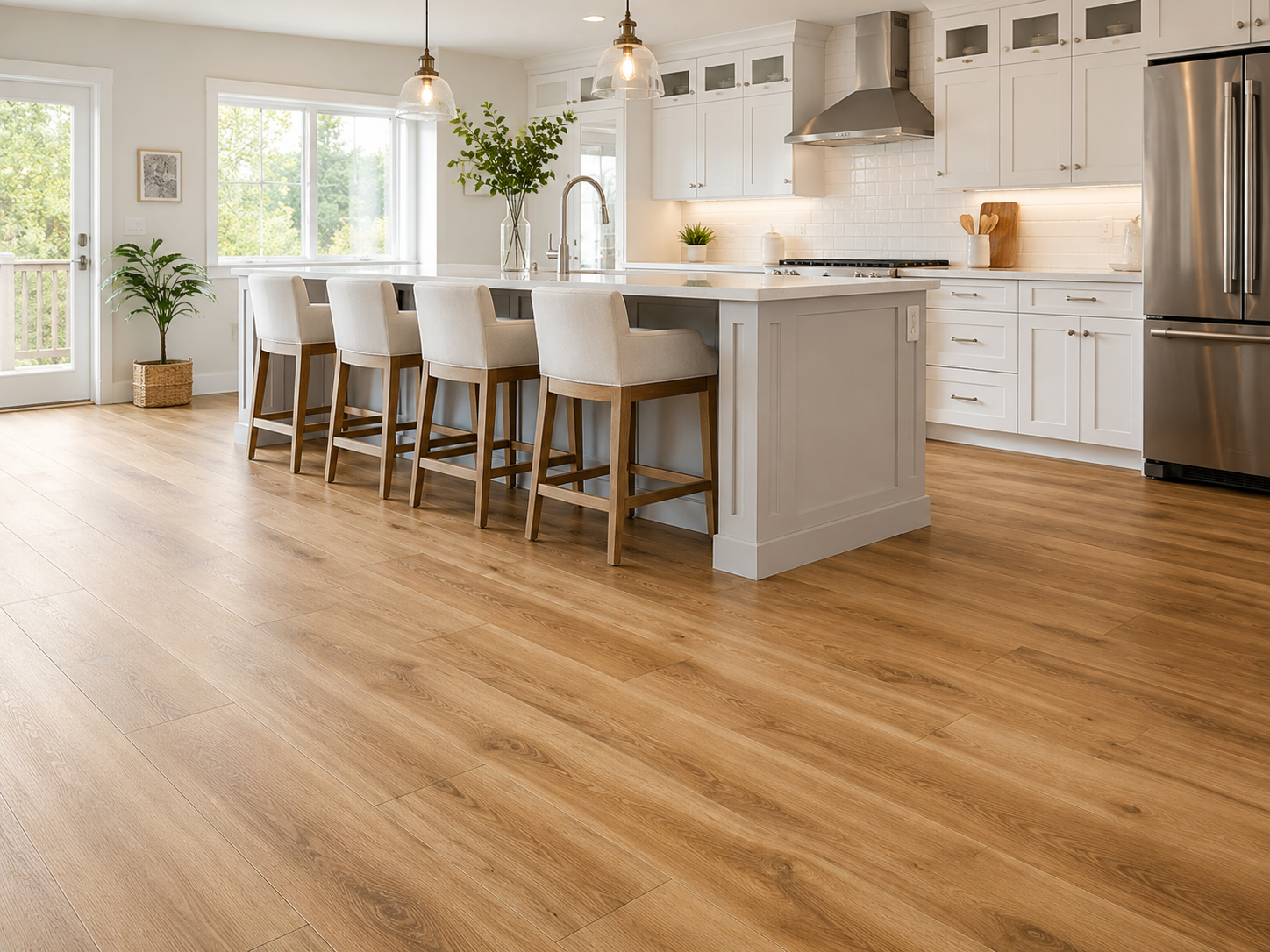 Wood-look plank flooring in a bright kitchen